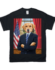 Black Gildan t-shirt with a Golden Retriever's head on a suit-wearing body in an Oval Office setting.