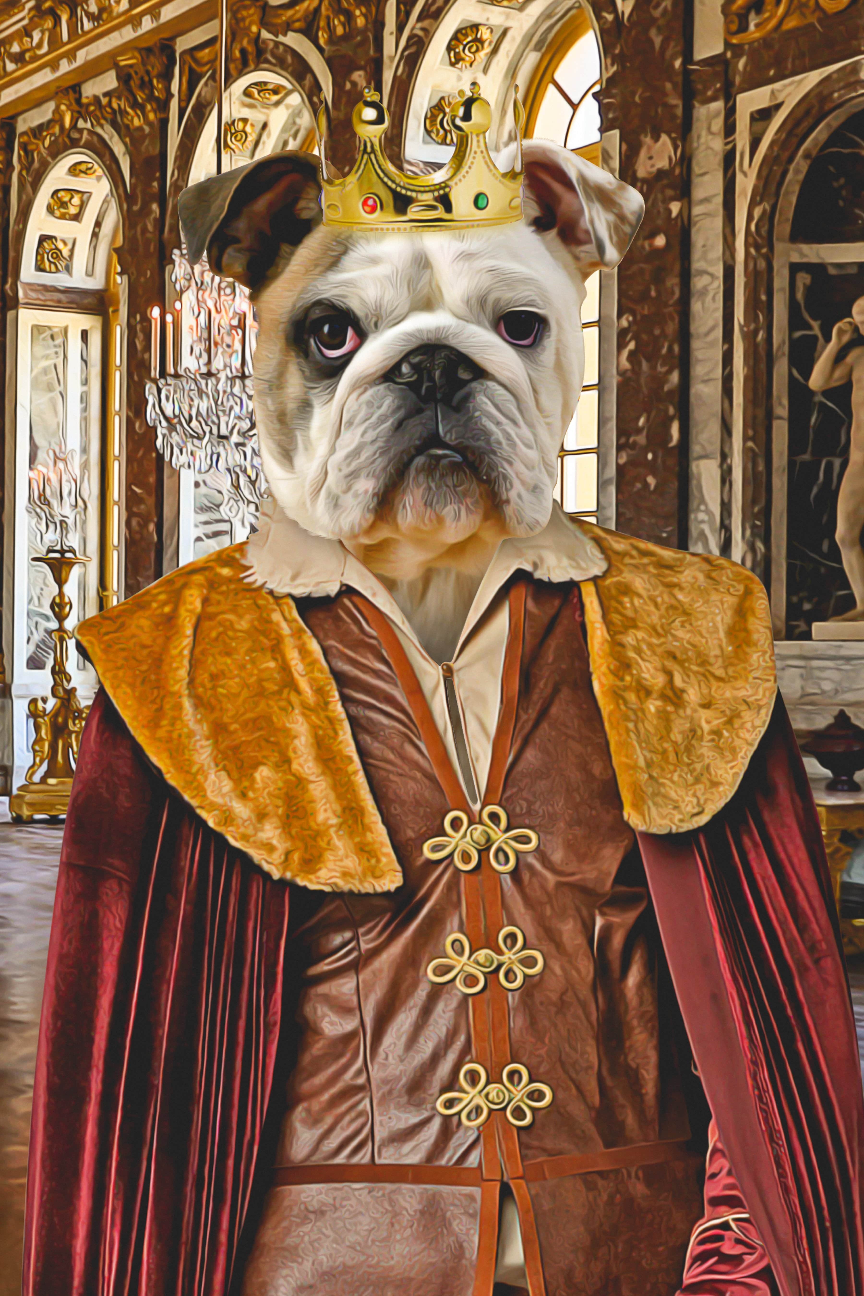 Personalized digital portrait of a bulldog as a royal prince in a renaissance-style setting.