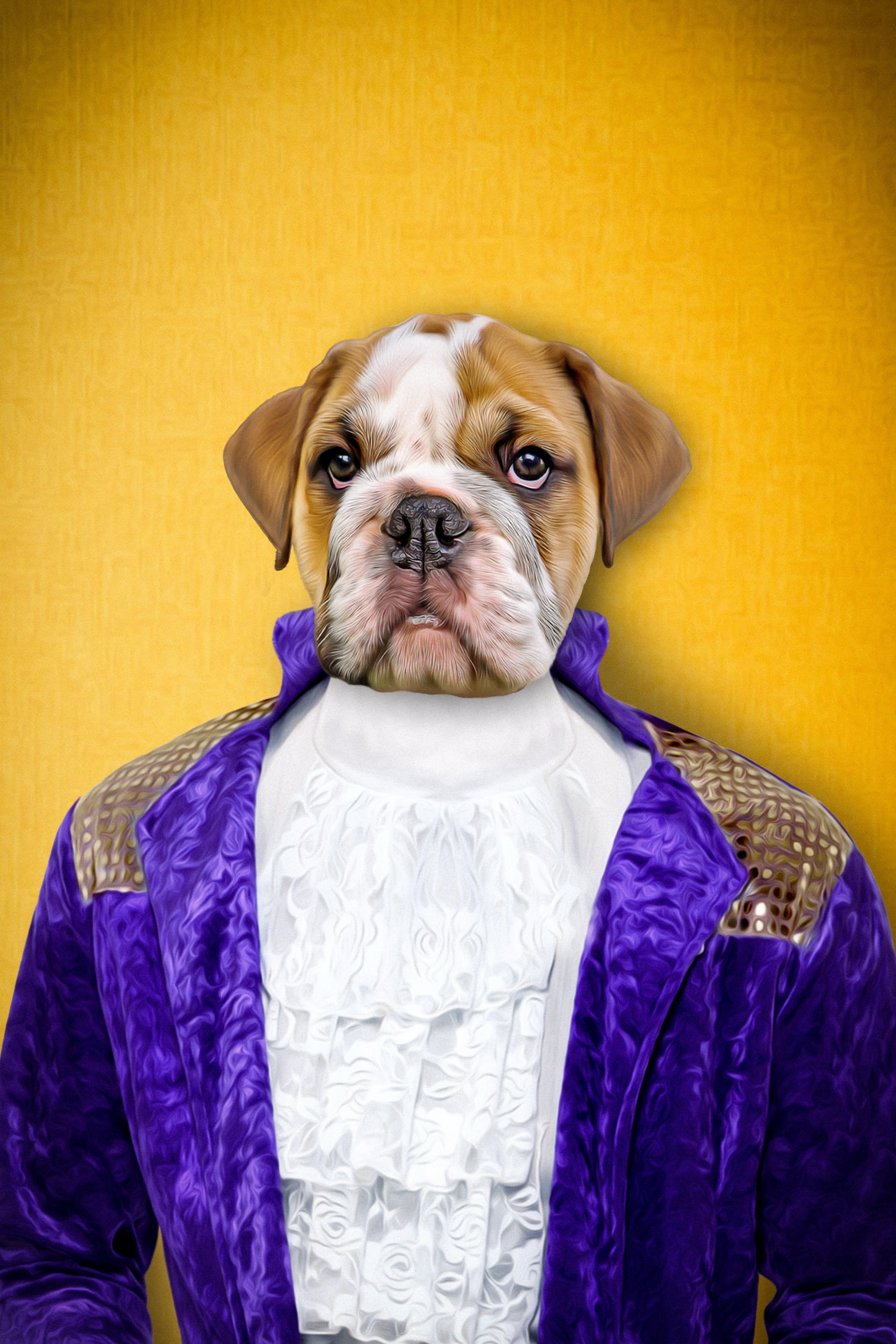 Custom digital portrait of a bulldog puppy in a purple royal prince costume with a ruffled white shirt.