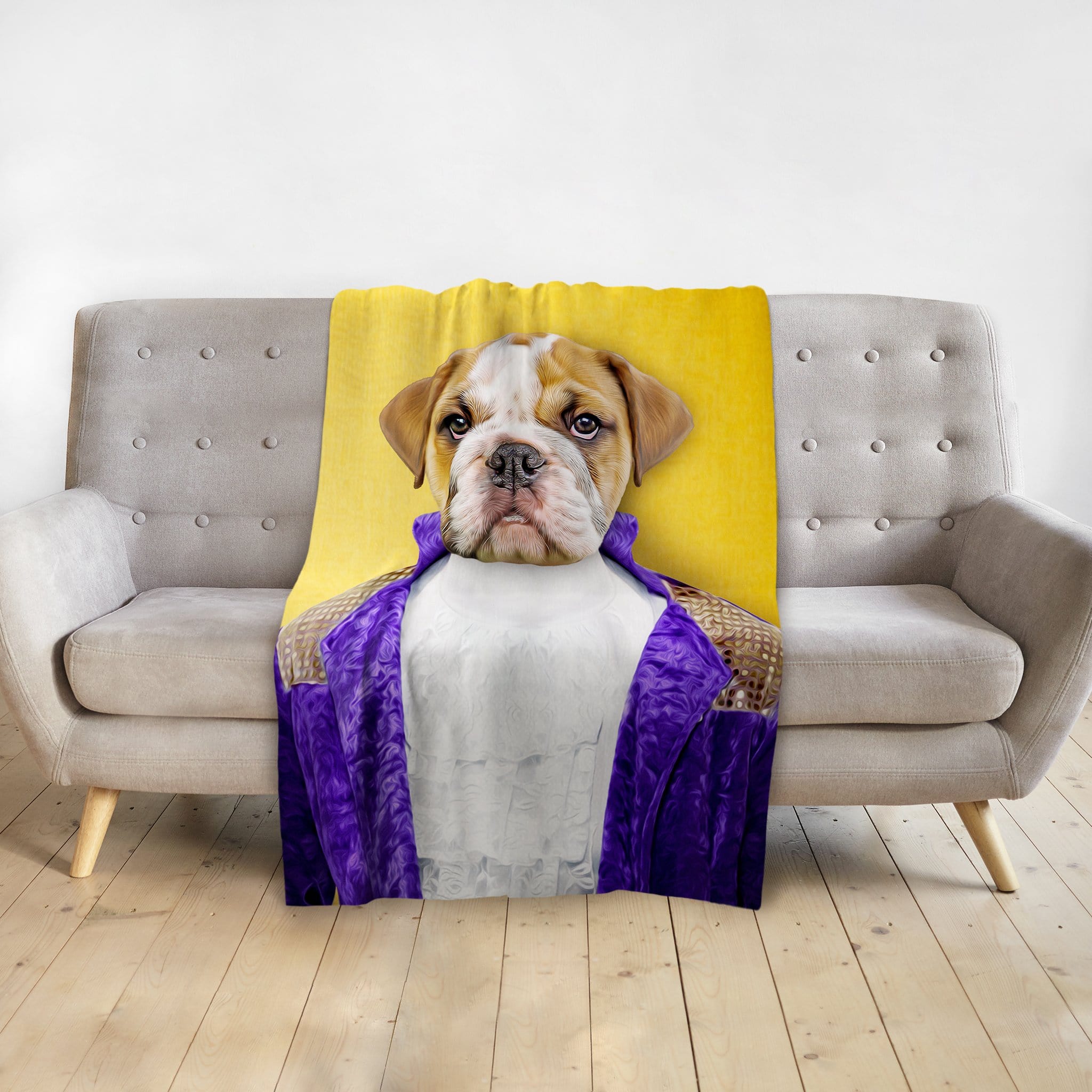 Personalized pet blanket with a Doggovinci portrait of a bulldog in a purple royal outfit on a yellow background.