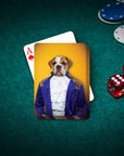 Personalized playing card featuring a bulldog in a royal blue renaissance-style suit on a green poker table.