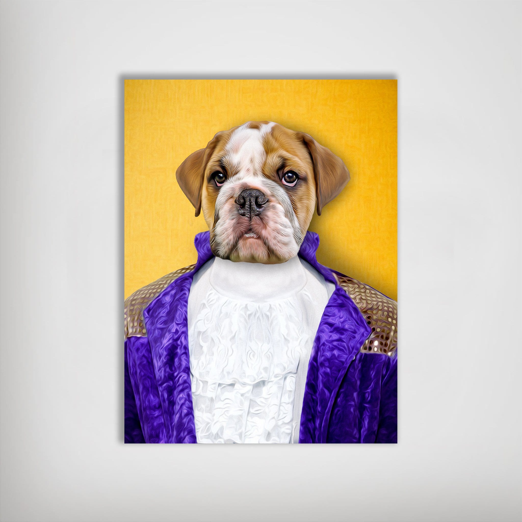 Personalized 'Prince-Doggo' pet poster featuring a bulldog in a purple jacket and ruffled shirt on a yellow background.