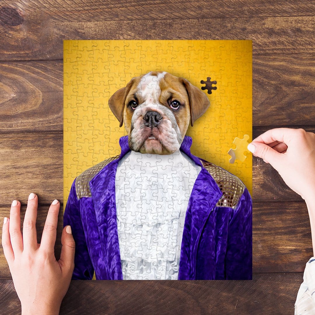 Personalized 'Prince-Doggo' puzzle featuring a bulldog in a purple royal renaissance suit on a yellow background.