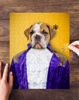 Personalized 'Prince-Doggo' puzzle featuring a bulldog in a purple royal renaissance suit on a yellow background.