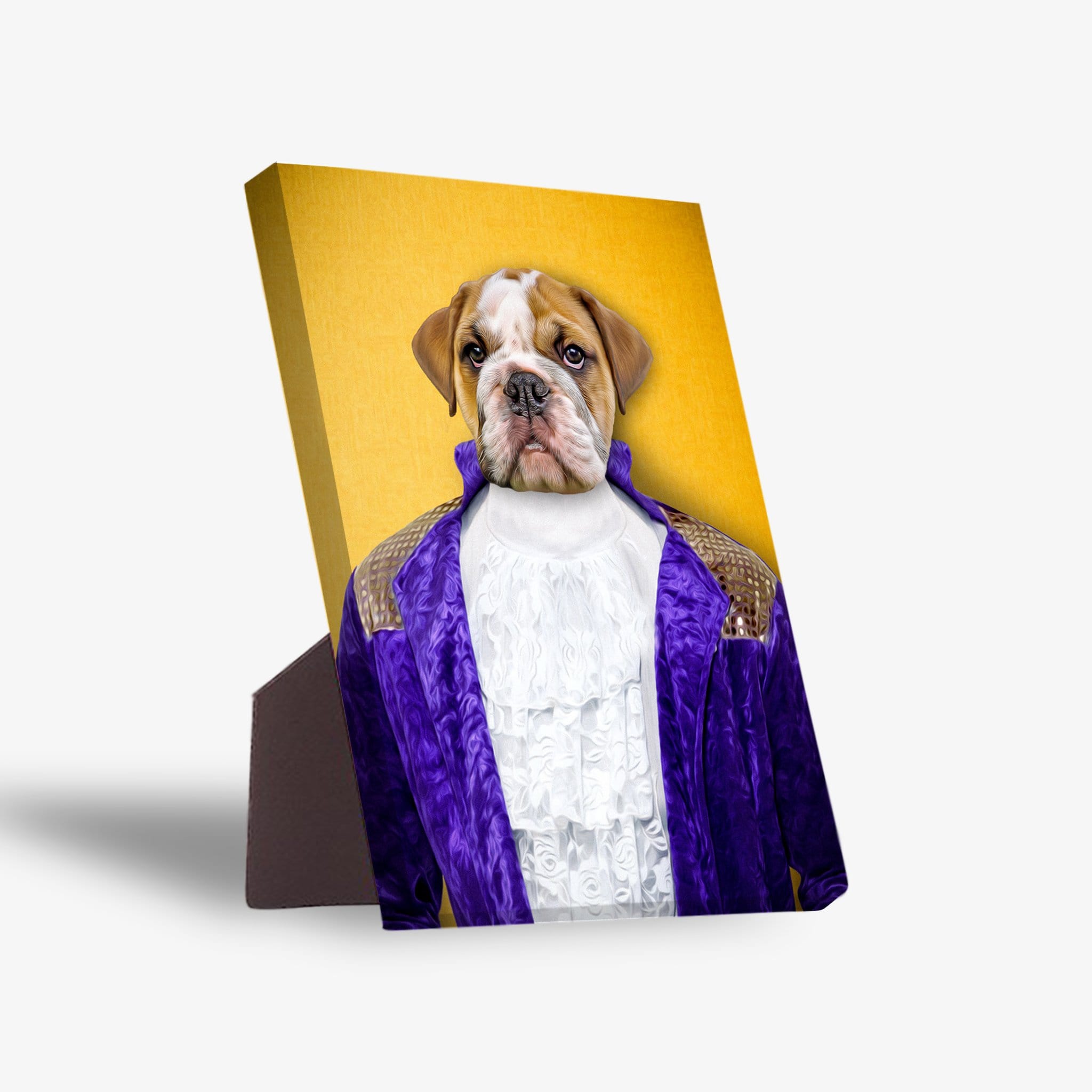 Personalized "Prince-Doggo" standing canvas featuring a bulldog in a purple jacket and ruffled shirt on a yellow background.