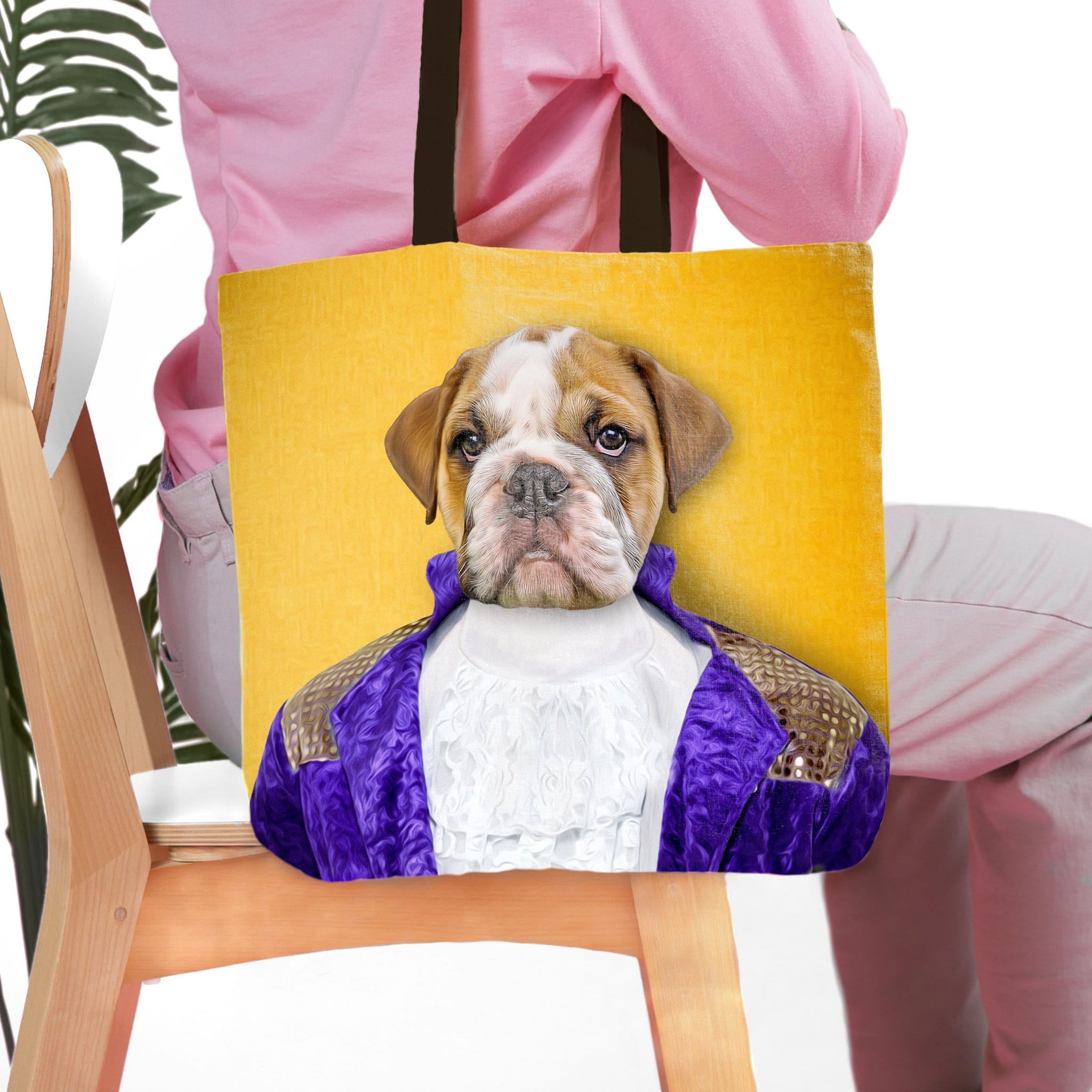Personalized 'Prince-Doggo' tote bag with a custom bulldog pet portrait in a royal purple renaissance outfit.