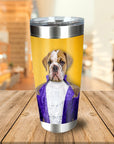 Personalized stainless steel tumbler with a royal portrait of a bulldog in a purple jacket.