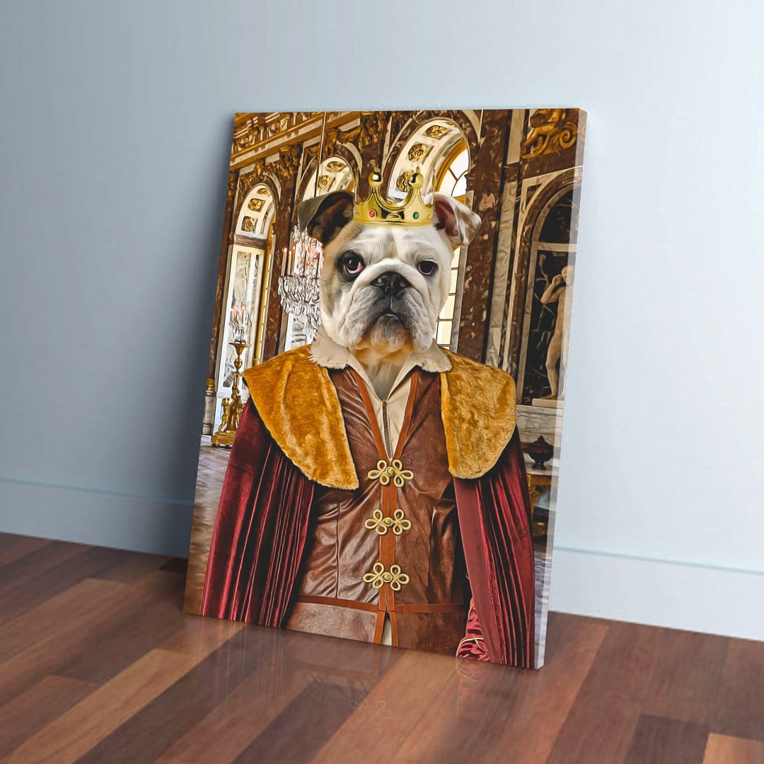 Personalized pet canvas featuring a bulldog in a regal prince costume with a gold crown, set in a palace.
