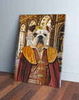 Personalized pet canvas featuring a bulldog in a regal prince costume with a gold crown, set in a palace.