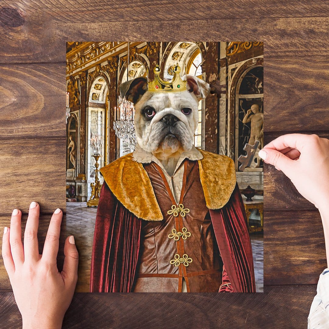 Personalized royal renaissance bulldog pet portrait puzzle on a wooden table.