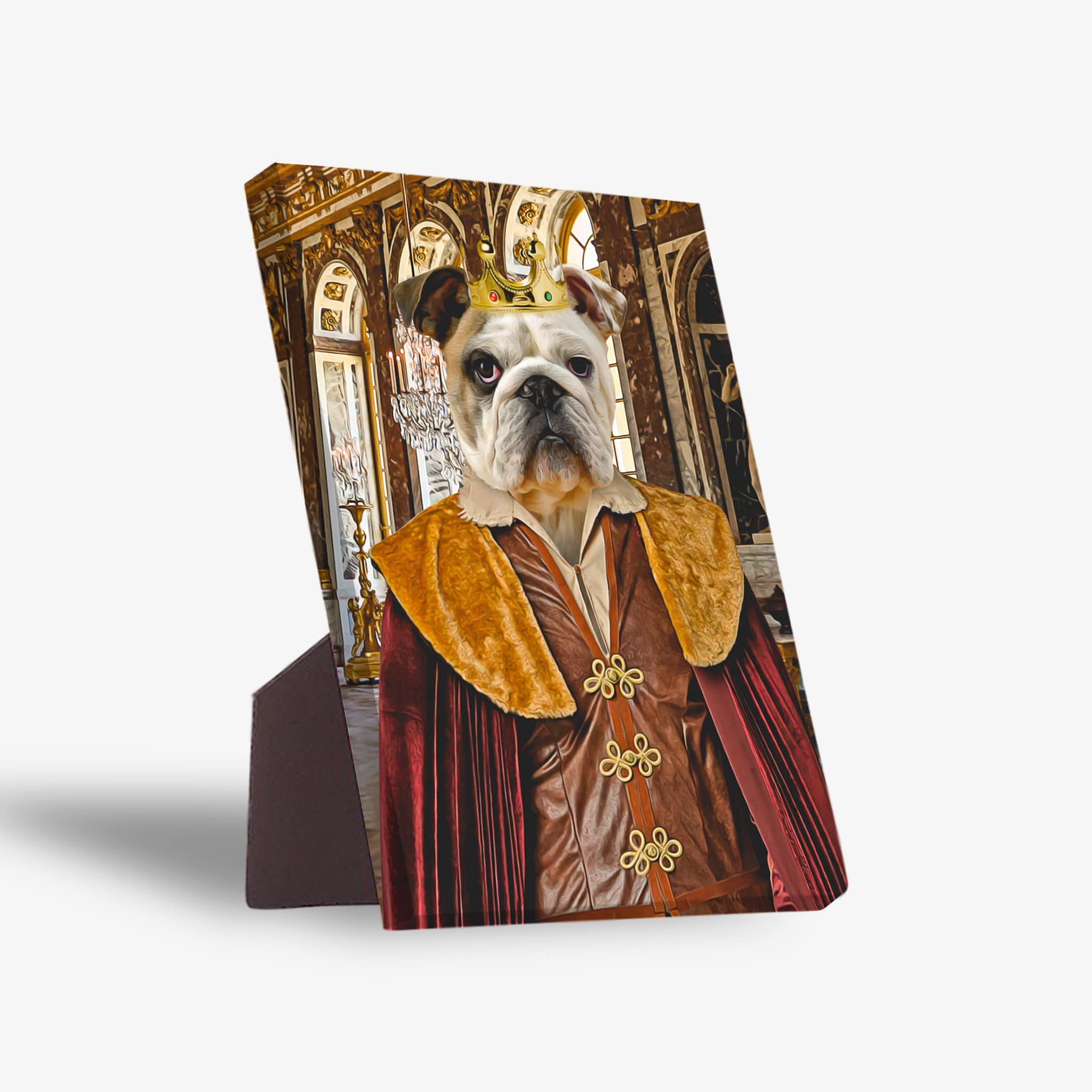 Personalized pet standing canvas featuring a bulldog in a golden crown and regal brown and red outfit.