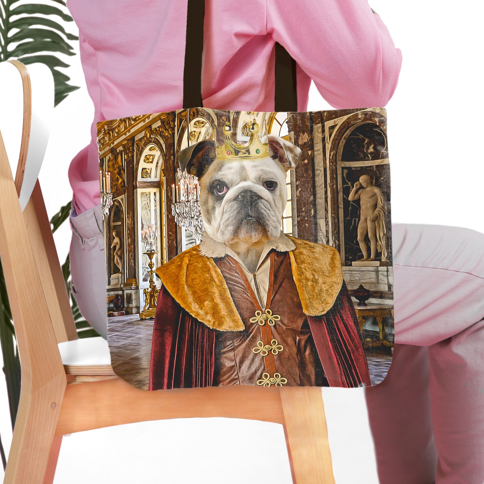 Personalized tote bag with a custom royal renaissance portrait of a bulldog wearing a crown.