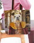 Personalized tote bag with a custom royal renaissance portrait of a bulldog wearing a crown.