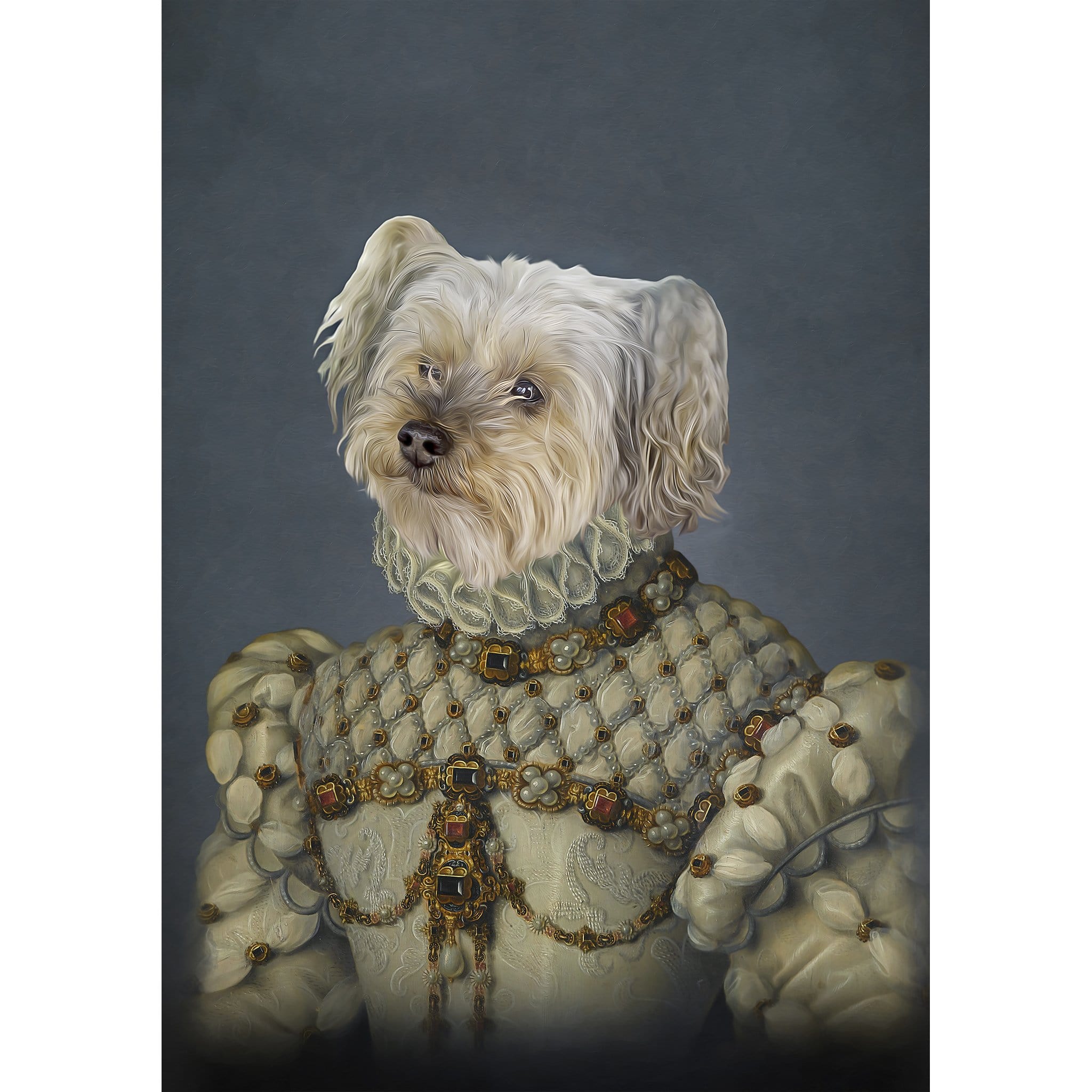 Custom digital portrait of a white dog as a princess in a renaissance gown.