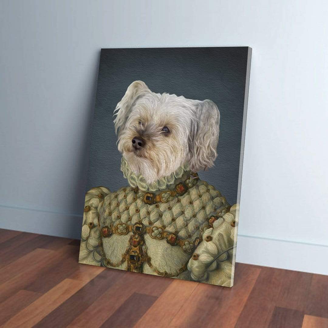 Personalized Princess pet canvas featuring a white dog in a regal, ornate gown with gold and red jewels.