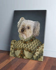 Personalized Princess pet canvas featuring a white dog in a regal, ornate gown with gold and red jewels.