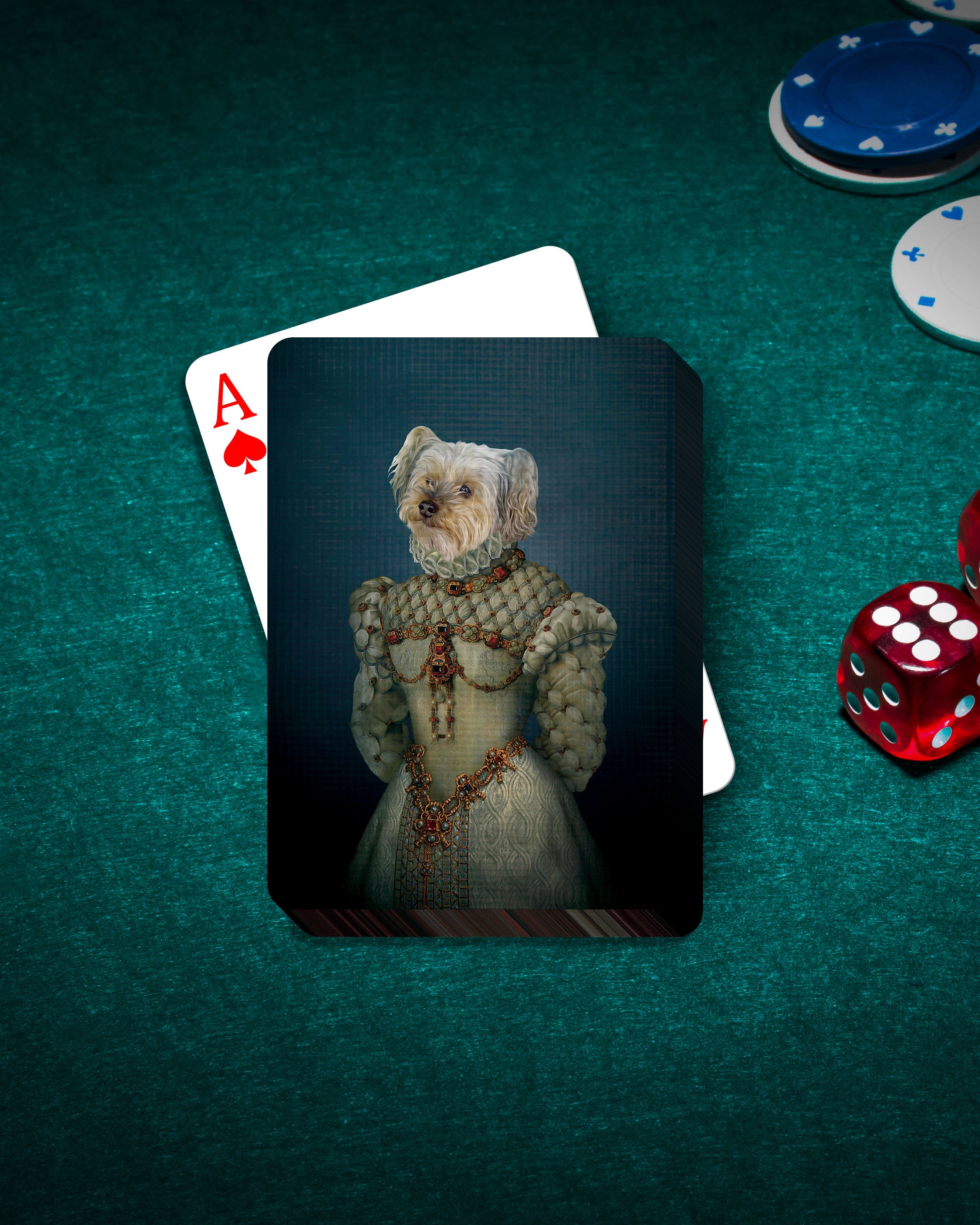 Personalized playing cards featuring a custom royal portrait of a white dog in a renaissance dress.