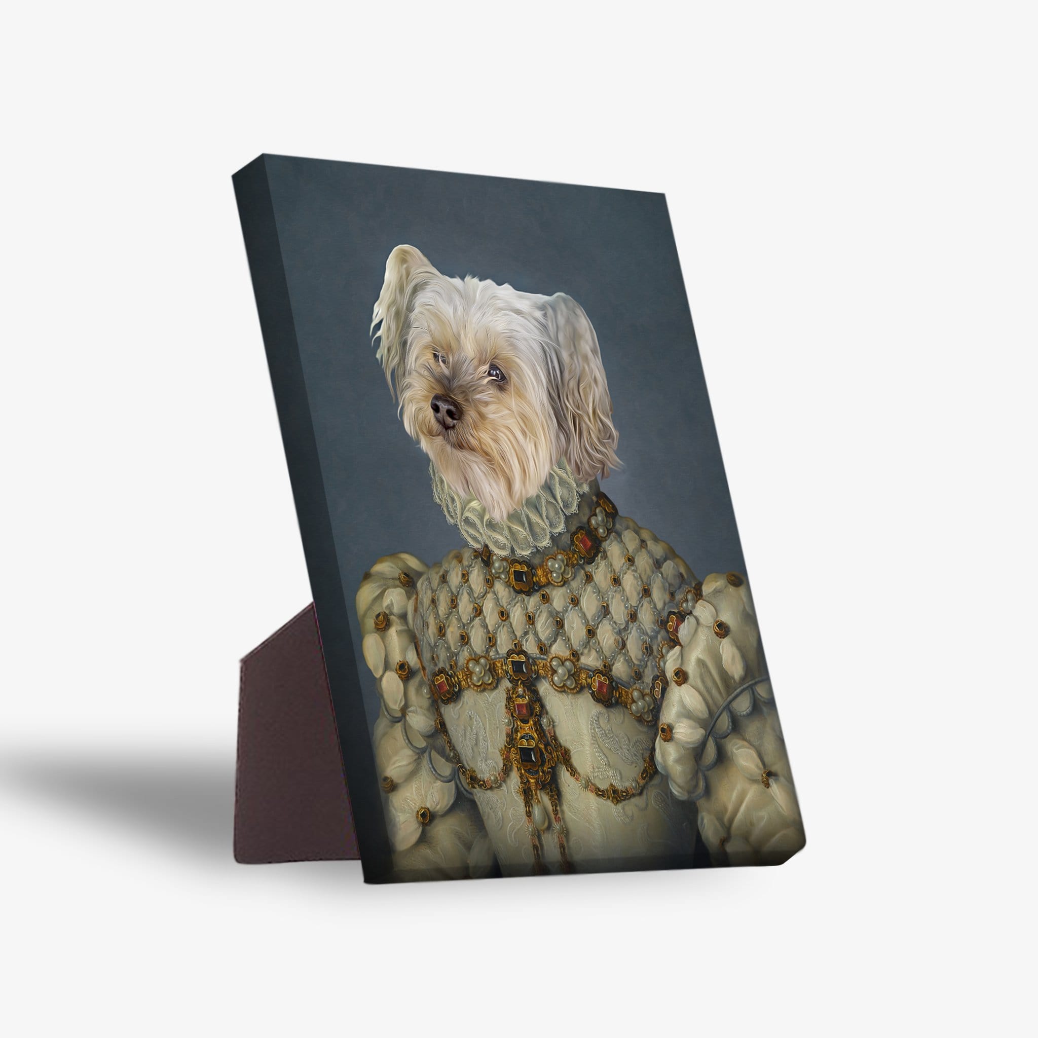 Custom pet portrait canvas featuring a white dog dressed as a princess, with a sturdy stand.
