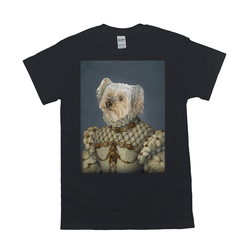 Black Gildan t-shirt with a custom portrait of a white dog in a regal, ornate princess gown.