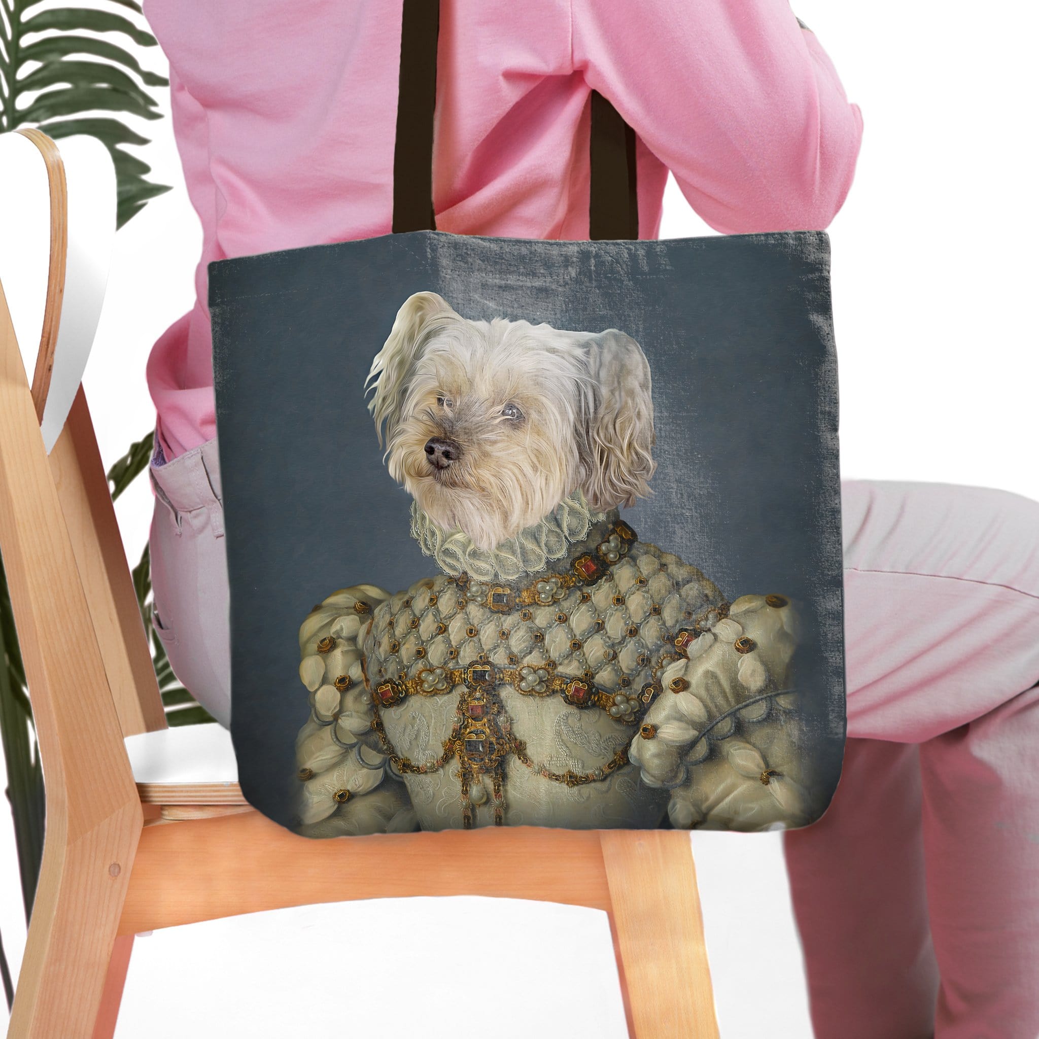 Personalized 'Princess' tote bag with a custom royal renaissance portrait of a white dog.