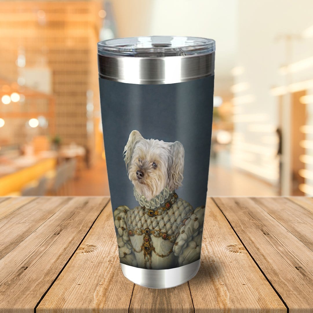 Personalized stainless steel tumbler with a custom royal renaissance portrait of a white dog.