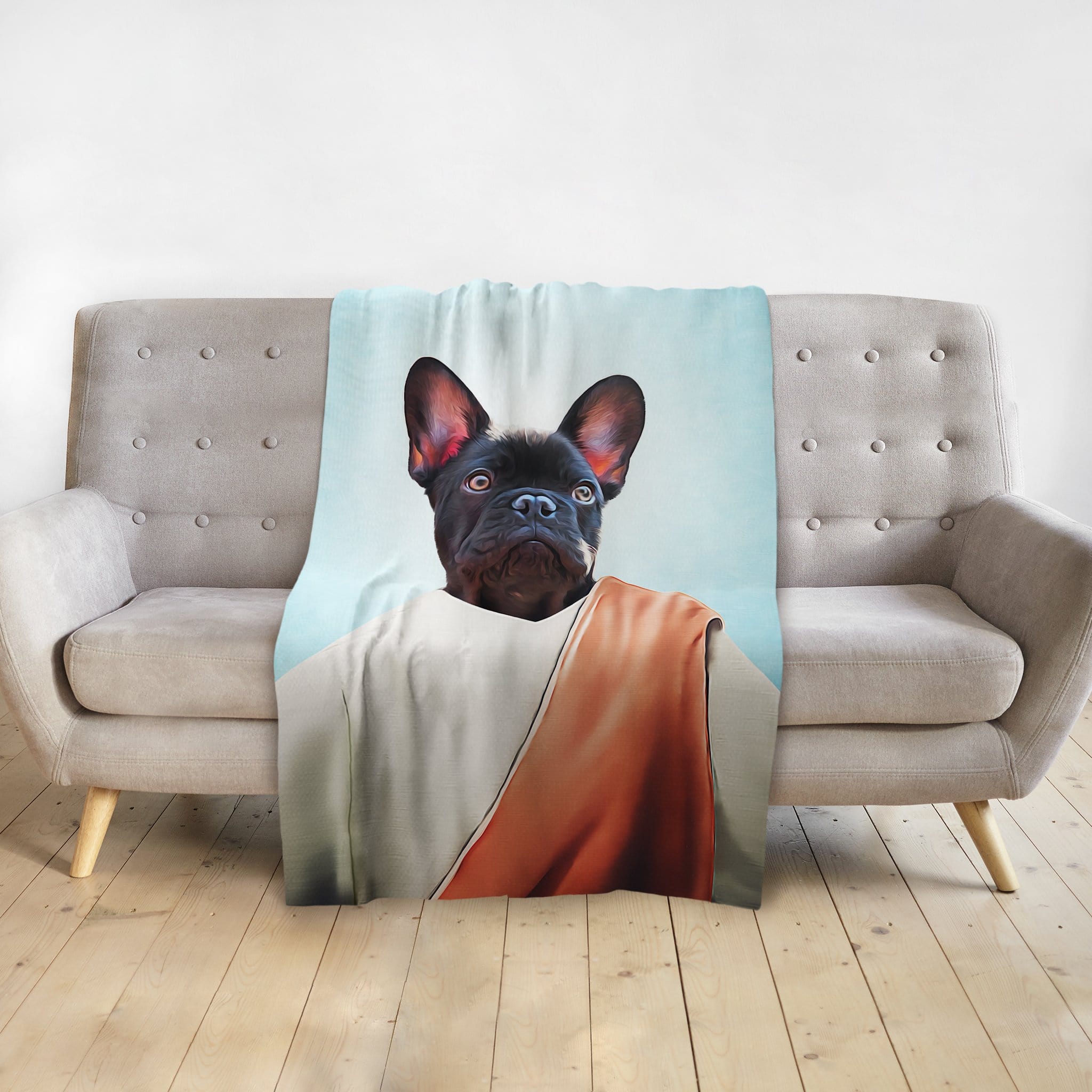 Personalized minky blanket featuring a French Bulldog in a renaissance-style "Prophet" portrait.