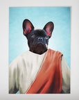 Personalized "The Prophet" pet poster featuring a black French Bulldog in a white robe with a red sash against a blue background.