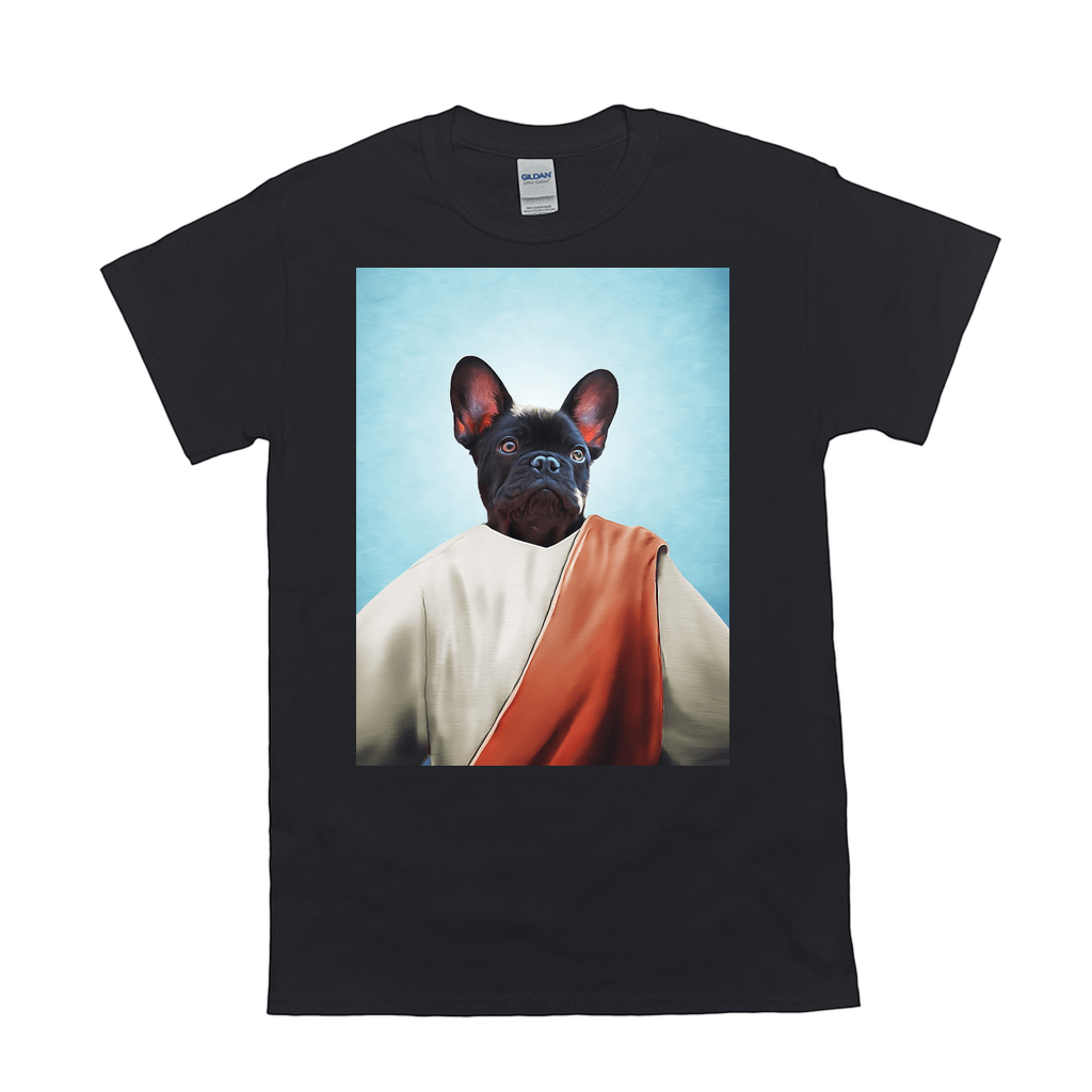 Black Gildan unisex t-shirt featuring a French Bulldog in a white robe with an orange sash against a blue background.