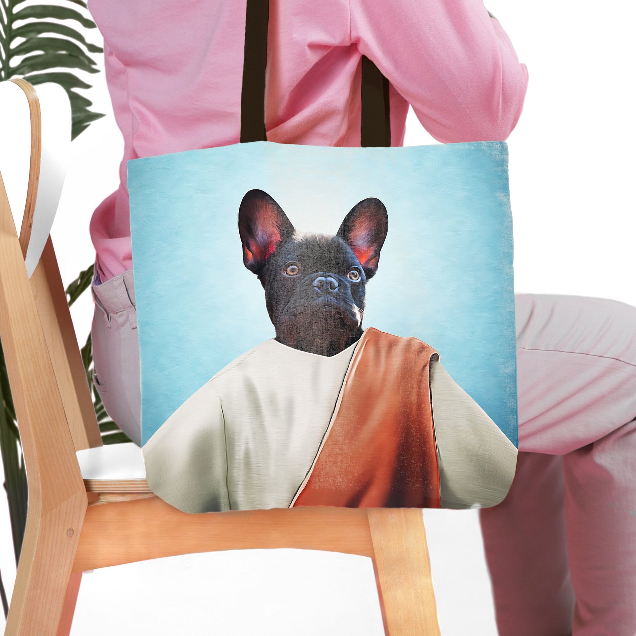 Personalized tote bag with a custom Renaissance-style portrait of a black French Bulldog.
