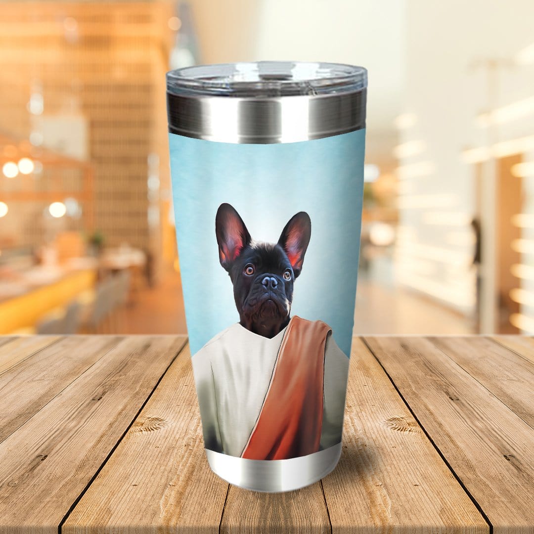 Personalized stainless steel tumbler with a custom pet portrait of a black French Bulldog in a prophet-style robe.