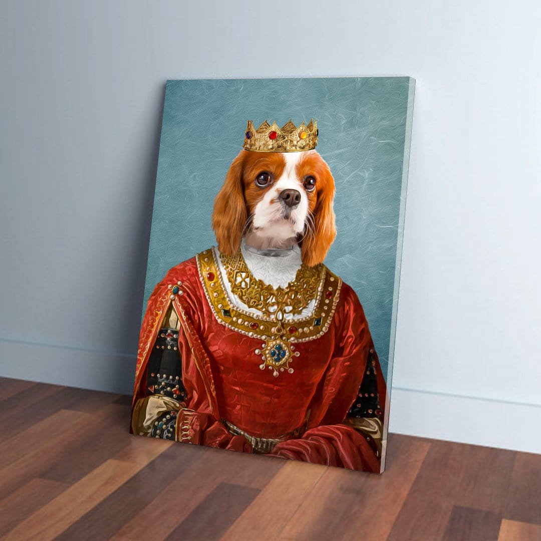 Custom pet portrait canvas featuring a Cavalier King Charles Spaniel in a red queen's gown and gold crown.