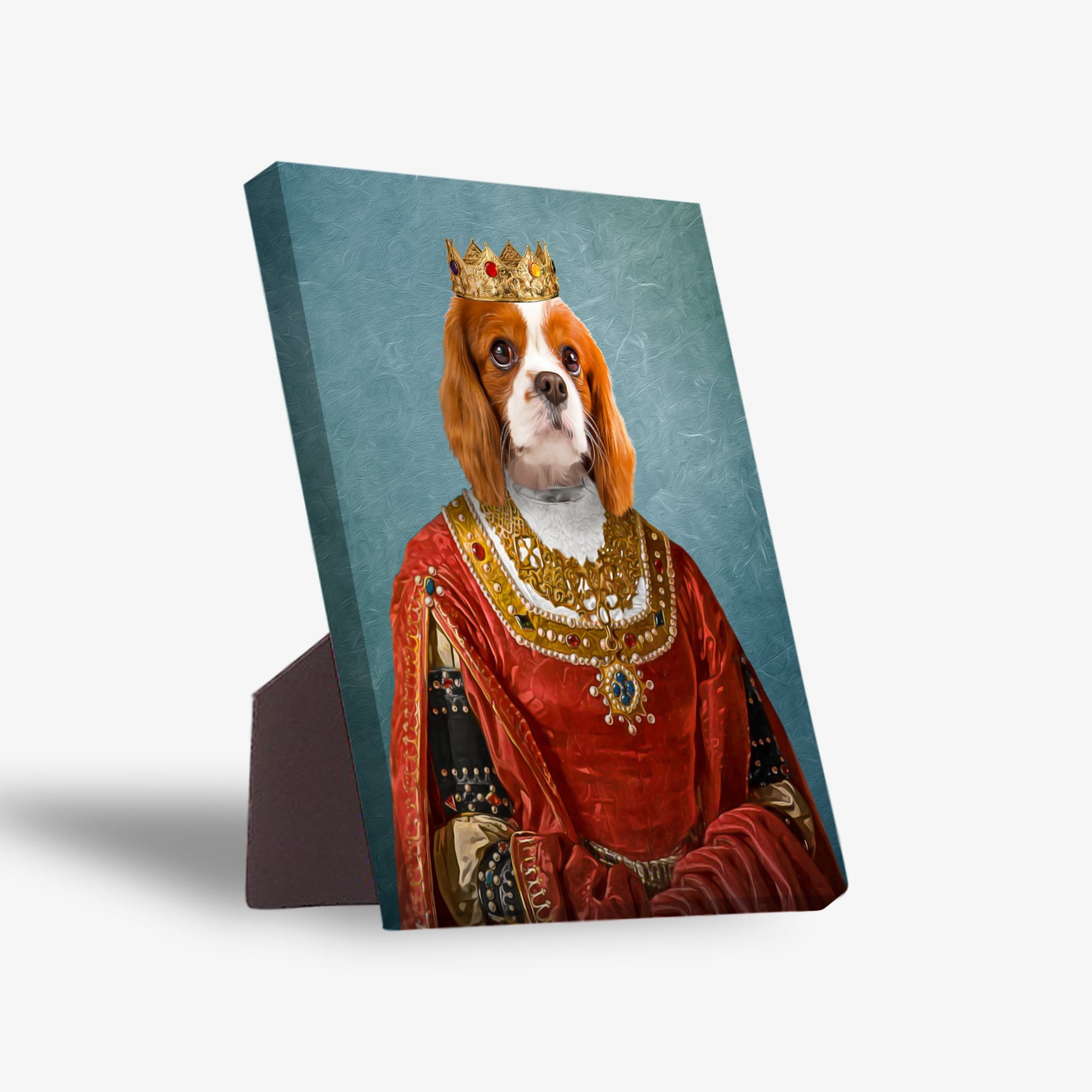 Personalized pet standing canvas featuring a Cavalier King Charles Spaniel in a red queen's gown and gold crown.