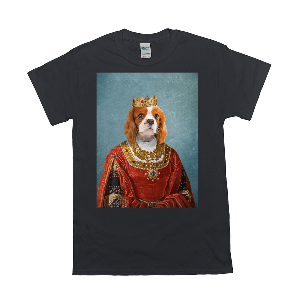 Black Gildan 100% cotton tee with a personalized Cavalier King Charles Spaniel in queen's attire.