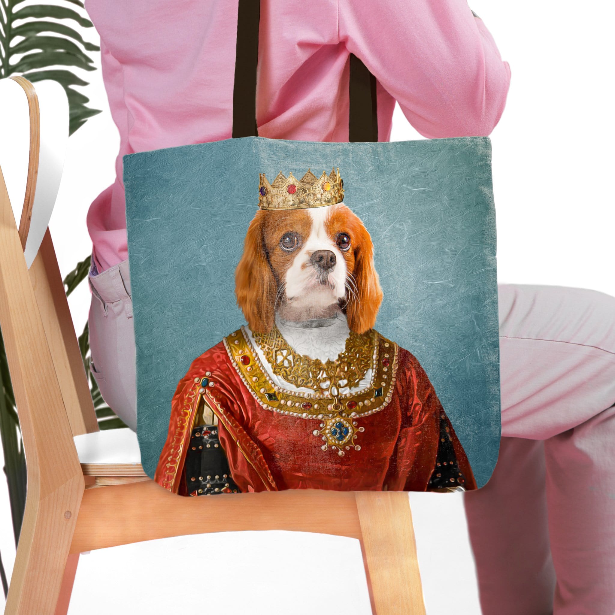 Personalized 'The Queen' tote bag with a custom royal portrait of a Cavalier King Charles Spaniel dog.