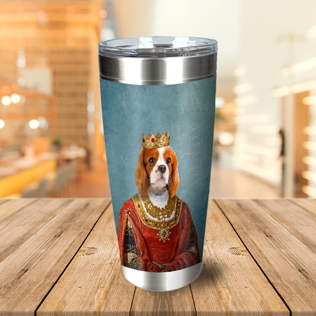 Personalized stainless steel tumbler with a Cavalier King Charles Spaniel in a royal queen portrait.