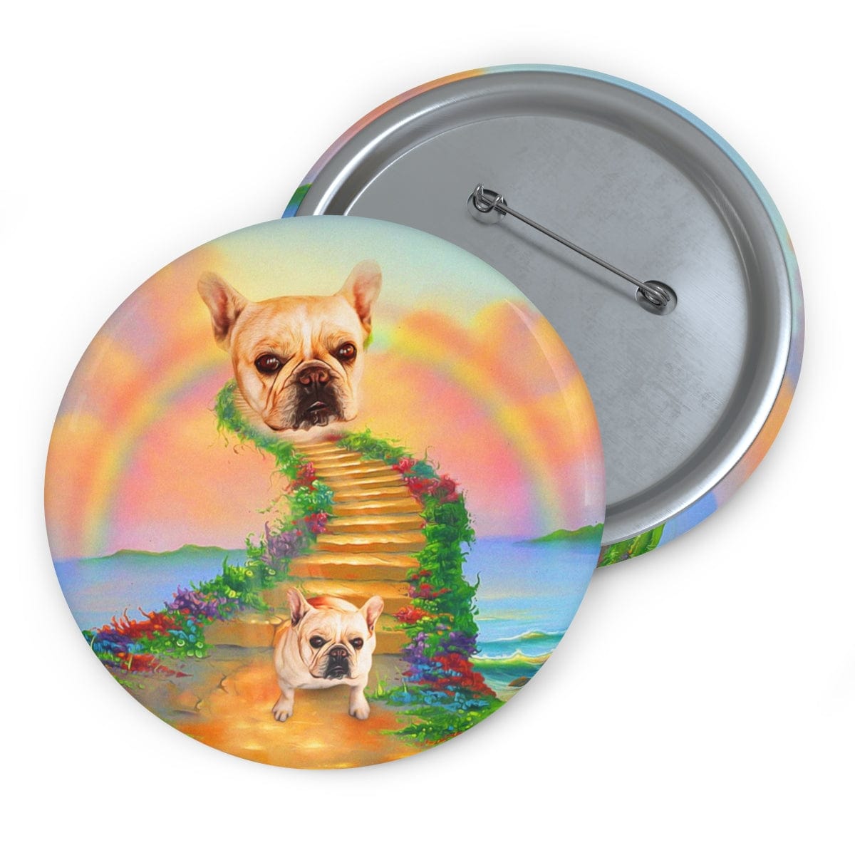 Custom pet memorial pin with a French Bulldog on a rainbow bridge path.
