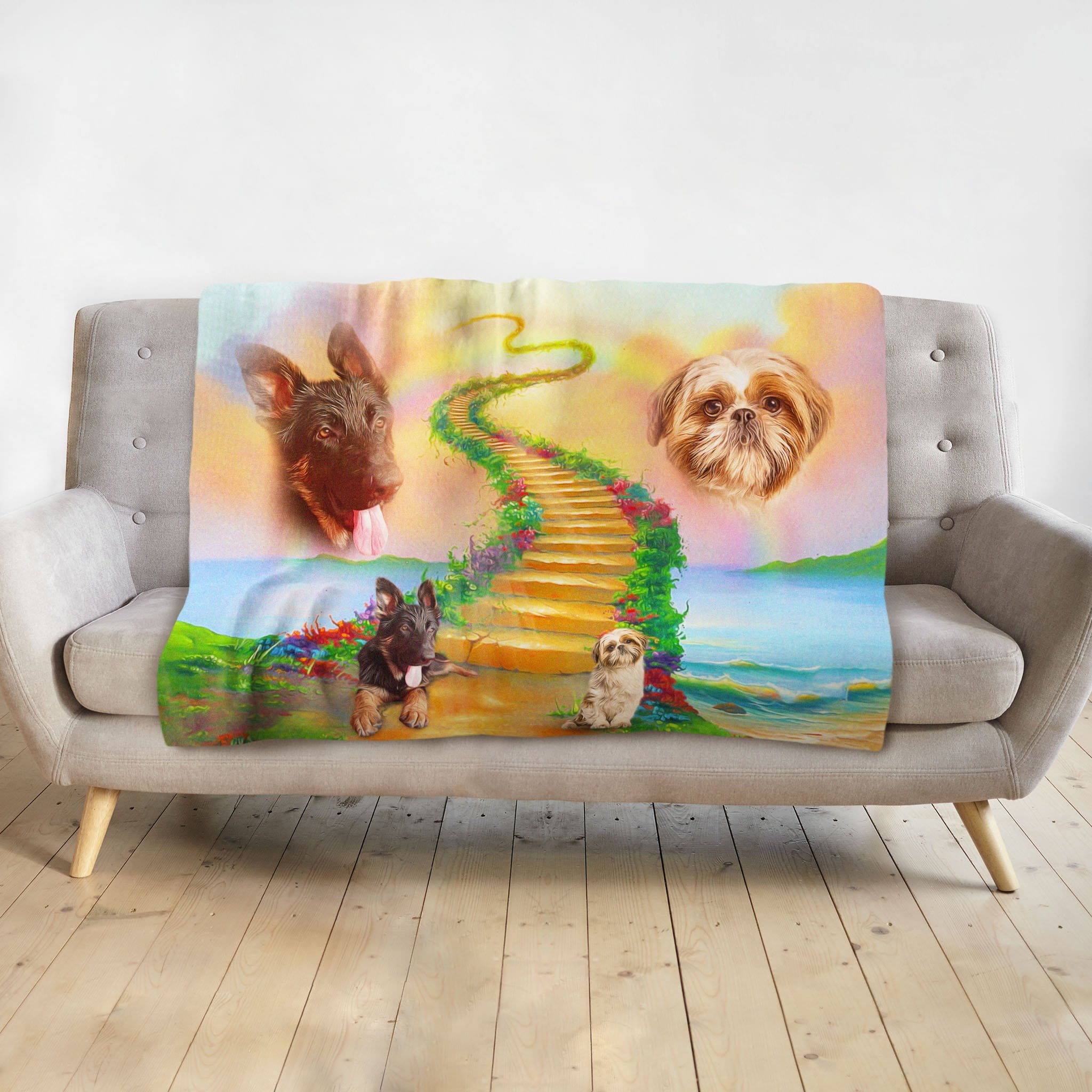 Personalized 2-pet memorial blanket with a Rainbow Bridge design and custom dog portraits.