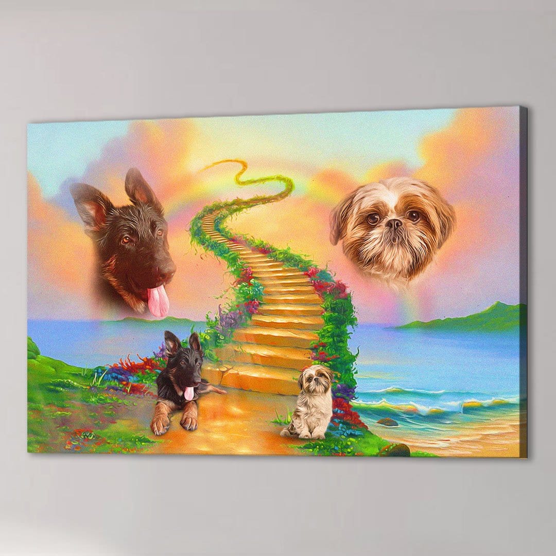 Personalized 2 pet memorial canvas with a German Shepherd and Shih Tzu on the Rainbow Bridge.