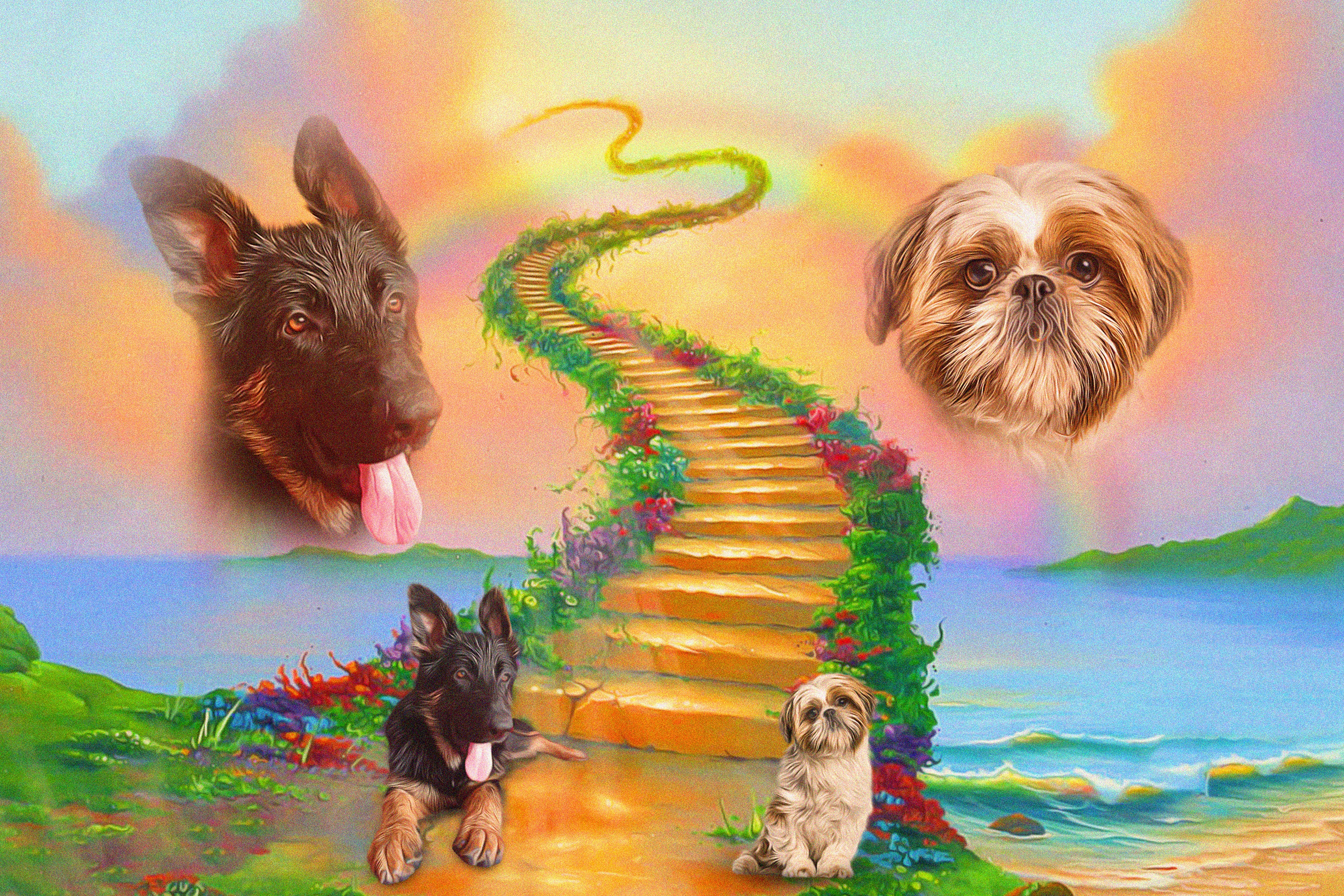 Personalized digital portrait of two pets, a German Shepherd and a Shih Tzu, on a rainbow bridge.