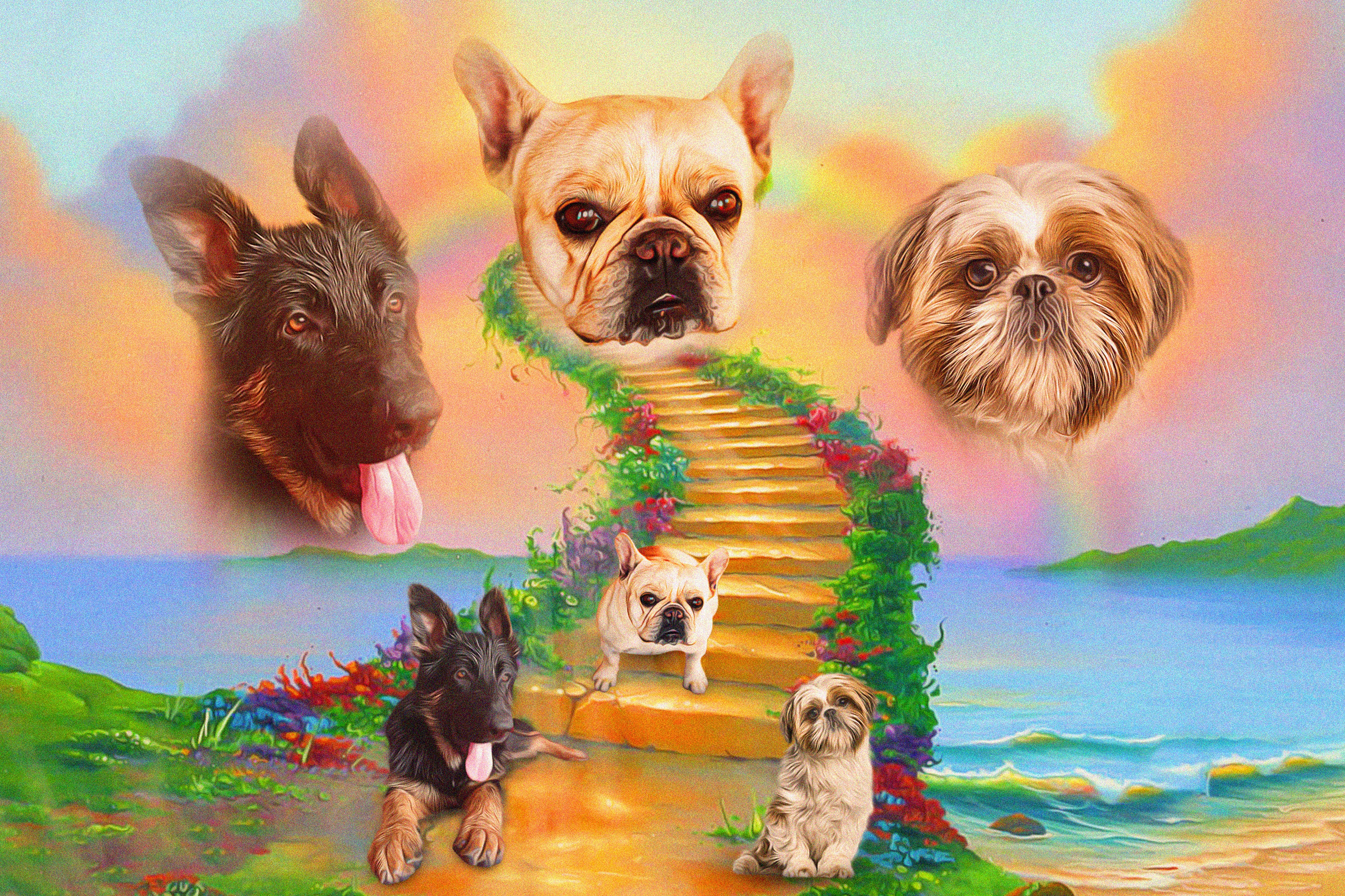 Personalized Rainbow Bridge 3 Pet digital portrait featuring a German Shepherd, French Bulldog, and Shih Tzu.