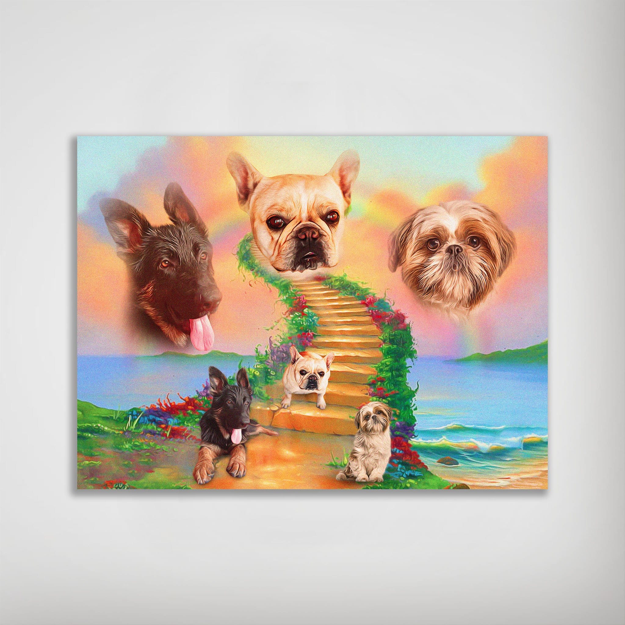 Personalized 'Rainbow Bridge 3 Pet' poster featuring three pets, a German Shepherd, French Bulldog, and Shih Tzu, on a colorful path to the sky.