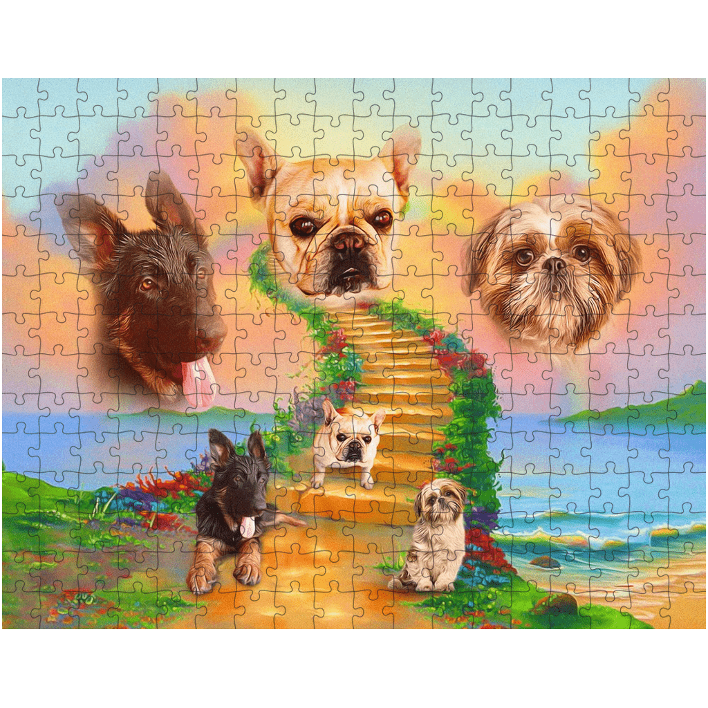 Personalized 3-pet puzzle featuring custom dog portraits on a Rainbow Bridge path.