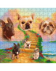 Personalized 3-pet puzzle featuring custom dog portraits on a Rainbow Bridge path.