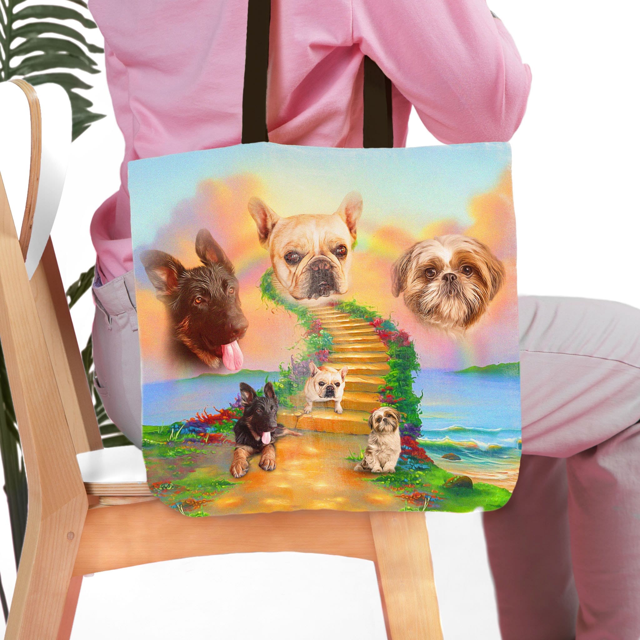 Personalized 3-pet portrait tote bag with dogs on a rainbow bridge design.