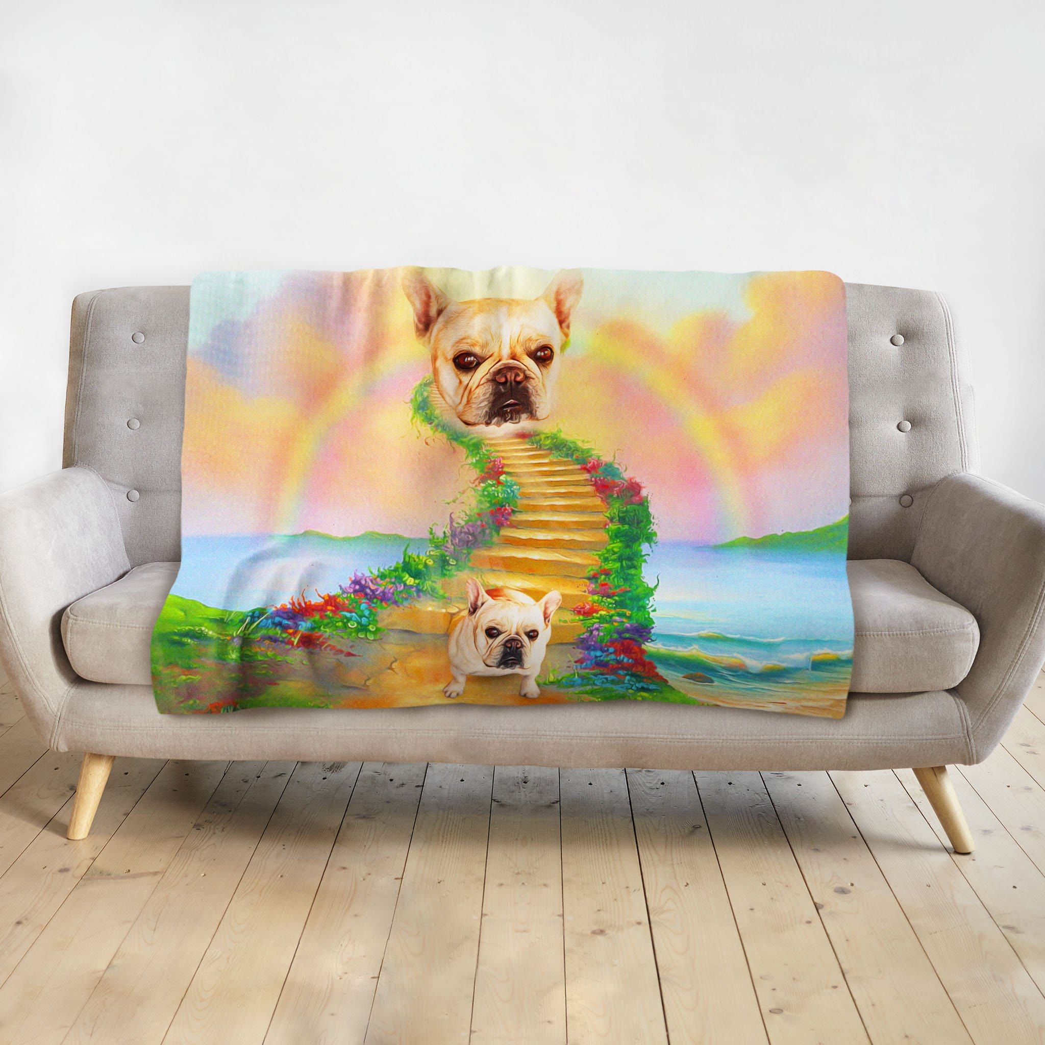 Personalized pet blanket with two French Bulldog portraits on a Rainbow Bridge design.