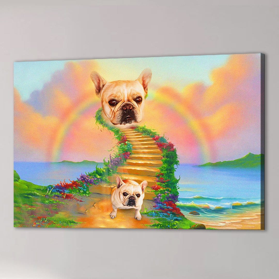 Personalized pet canvas featuring a French Bulldog on a rainbow bridge over a colorful ocean landscape.