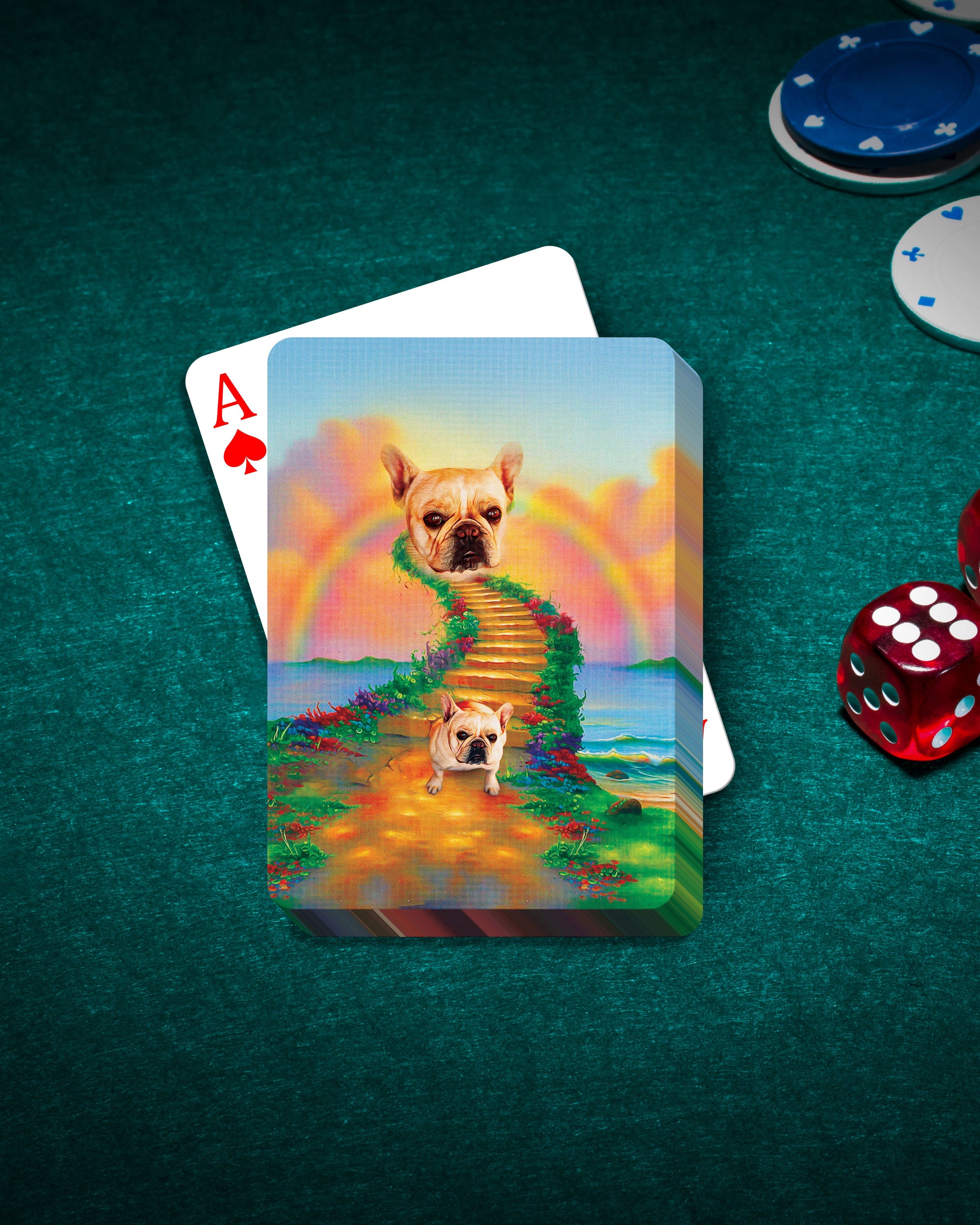 Custom 'Rainbow Bridge' personalized playing cards featuring two French Bulldog pet portraits.