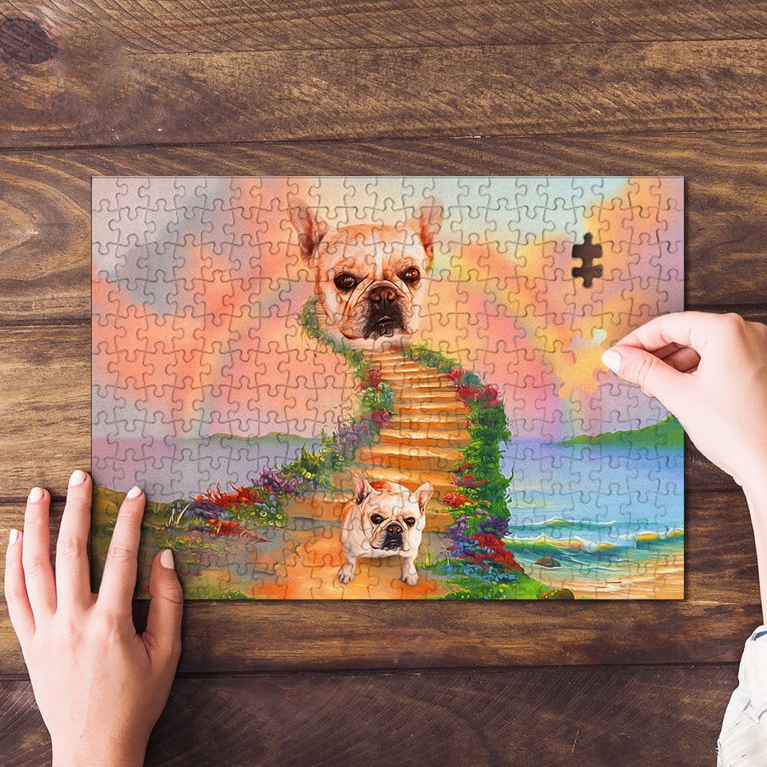 Personalized pet puzzle featuring two French Bulldogs on a watercolor rainbow bridge with a missing piece.