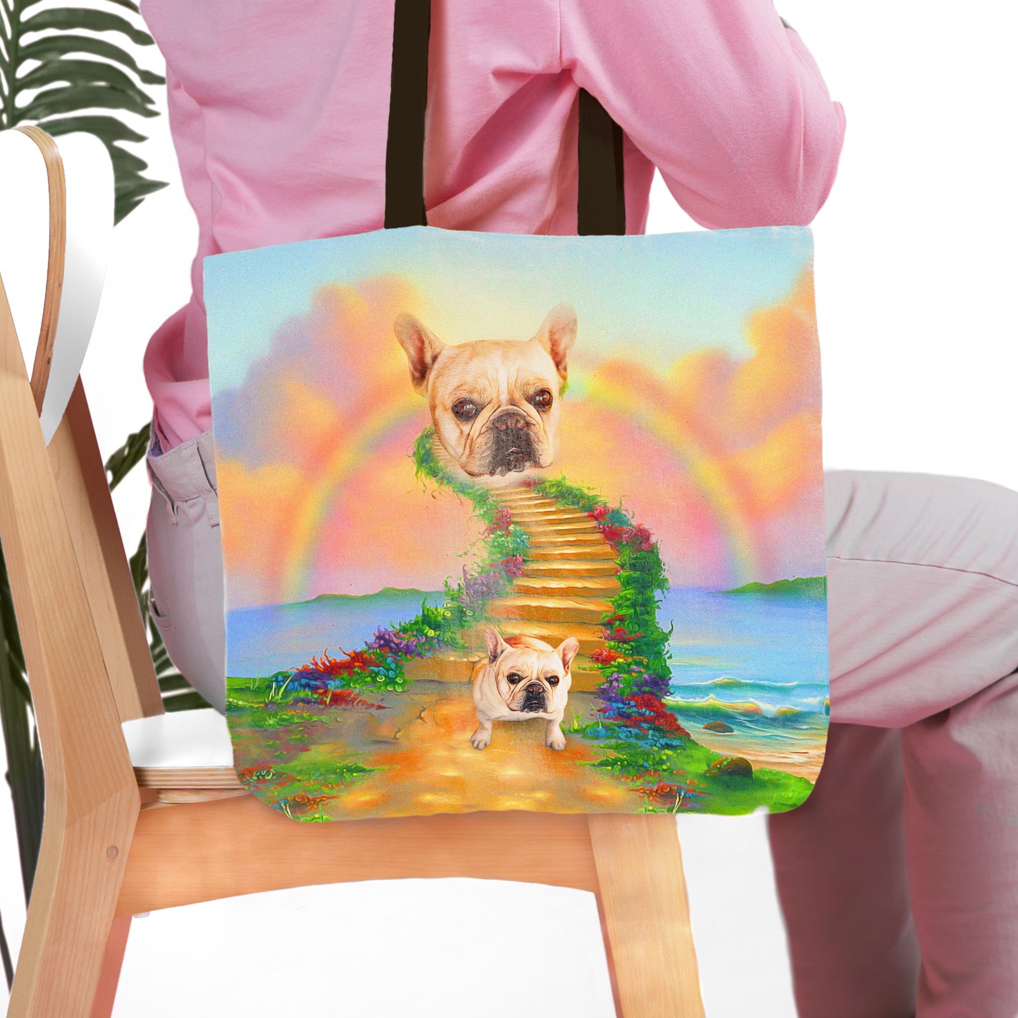 Personalized 'Rainbow Bridge' tote bag with custom French Bulldog pet portraits on a colorful landscape.