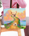 Personalized 'Rainbow Bridge' tote bag with custom French Bulldog pet portraits on a colorful landscape.